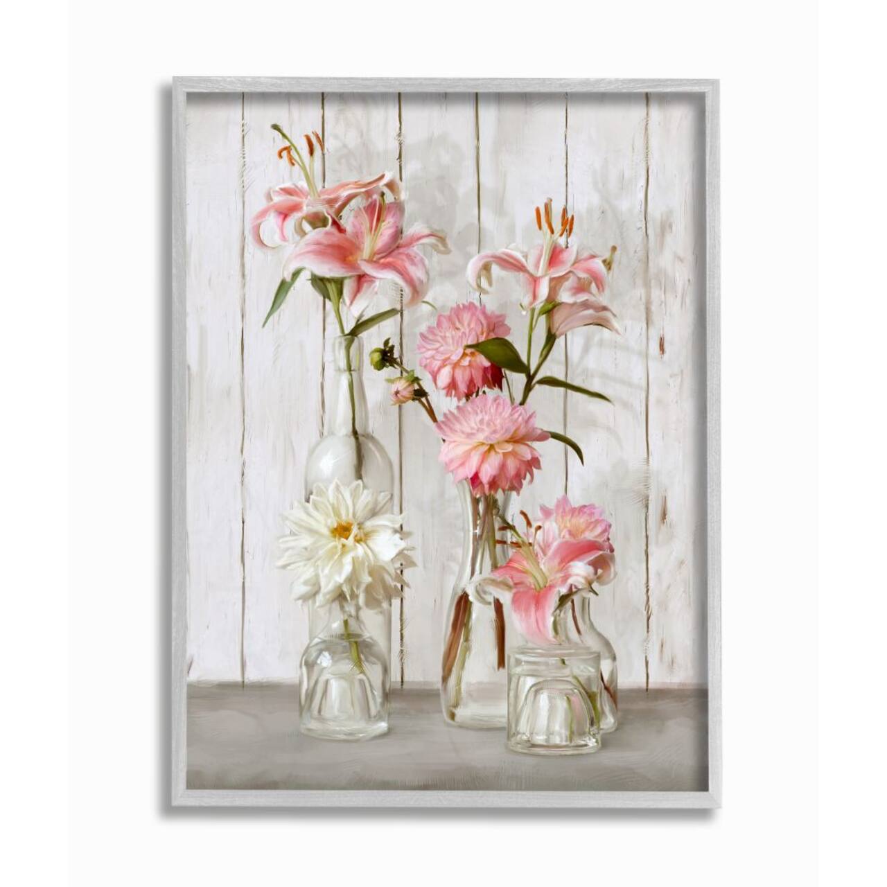 Stupell Industries Spring Pink Florals in Glass Jars Feminine Rustic Flowers in Gray Frame Wall Art